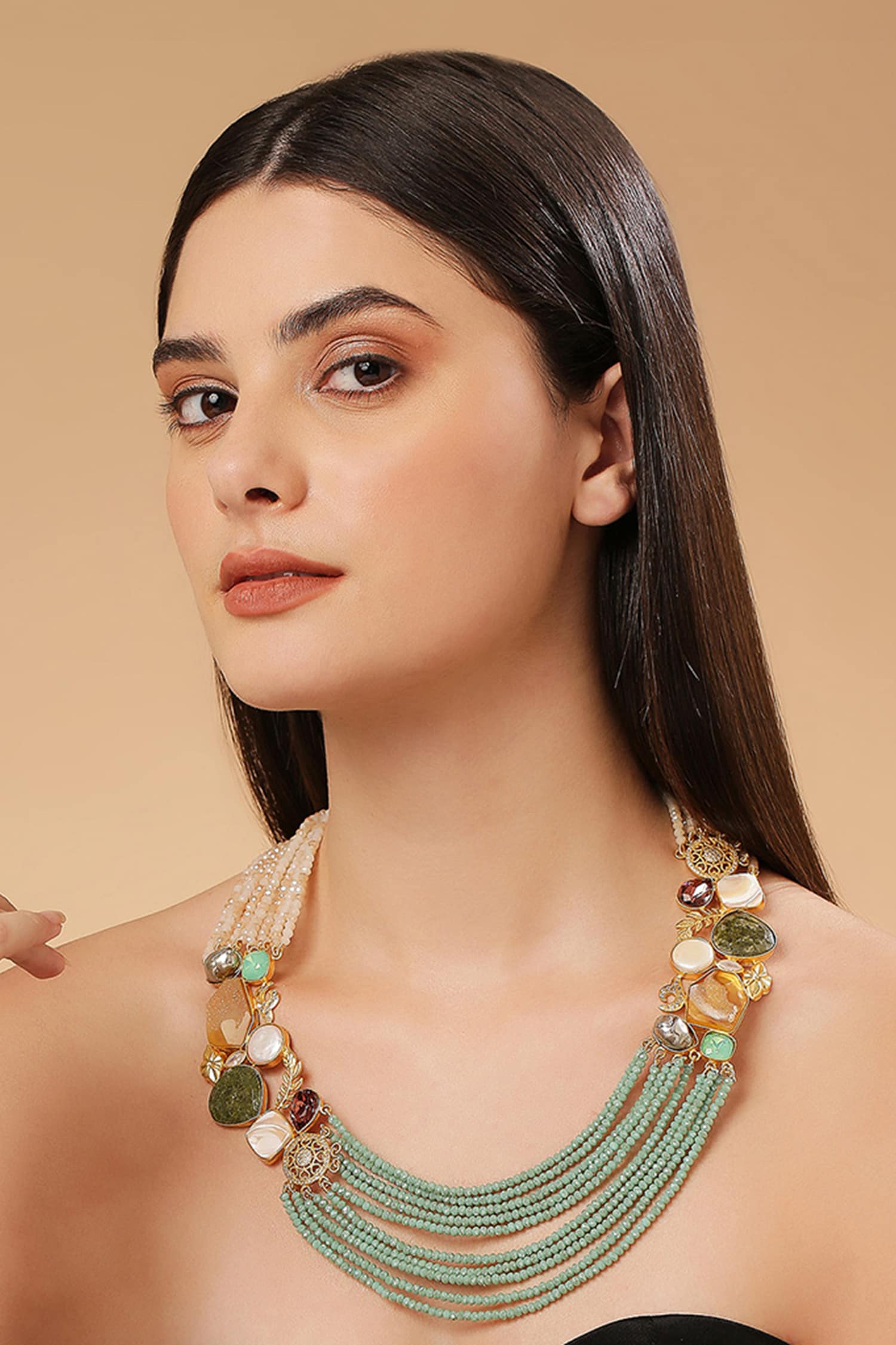 Multi Color Stone Bead Layered Necklace 