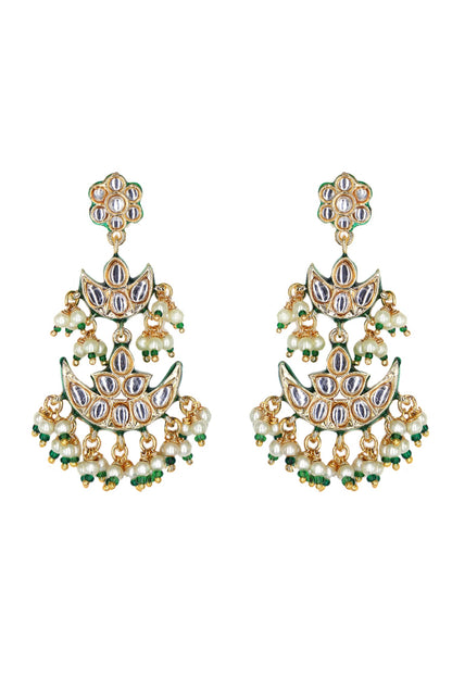 Gold Kundan Double Chand Earrings 