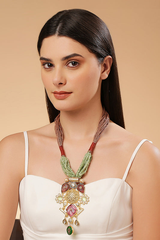 Gold Finish Kundan Stone Pendant Necklace 