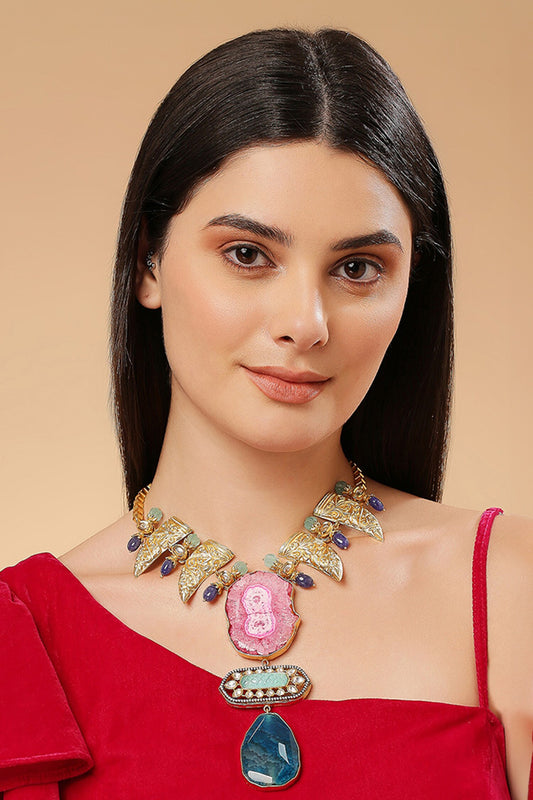Gold Finish Stone Embellished Necklace 
