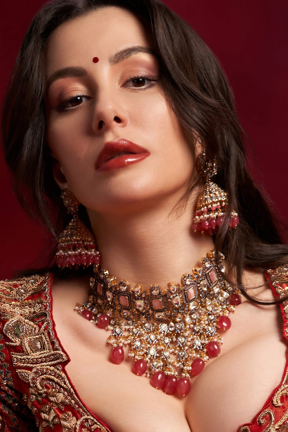 Coral & Pink Embellished Necklace Set 