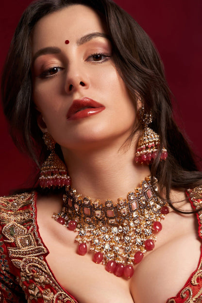 Coral & Pink Embellished Necklace Set 