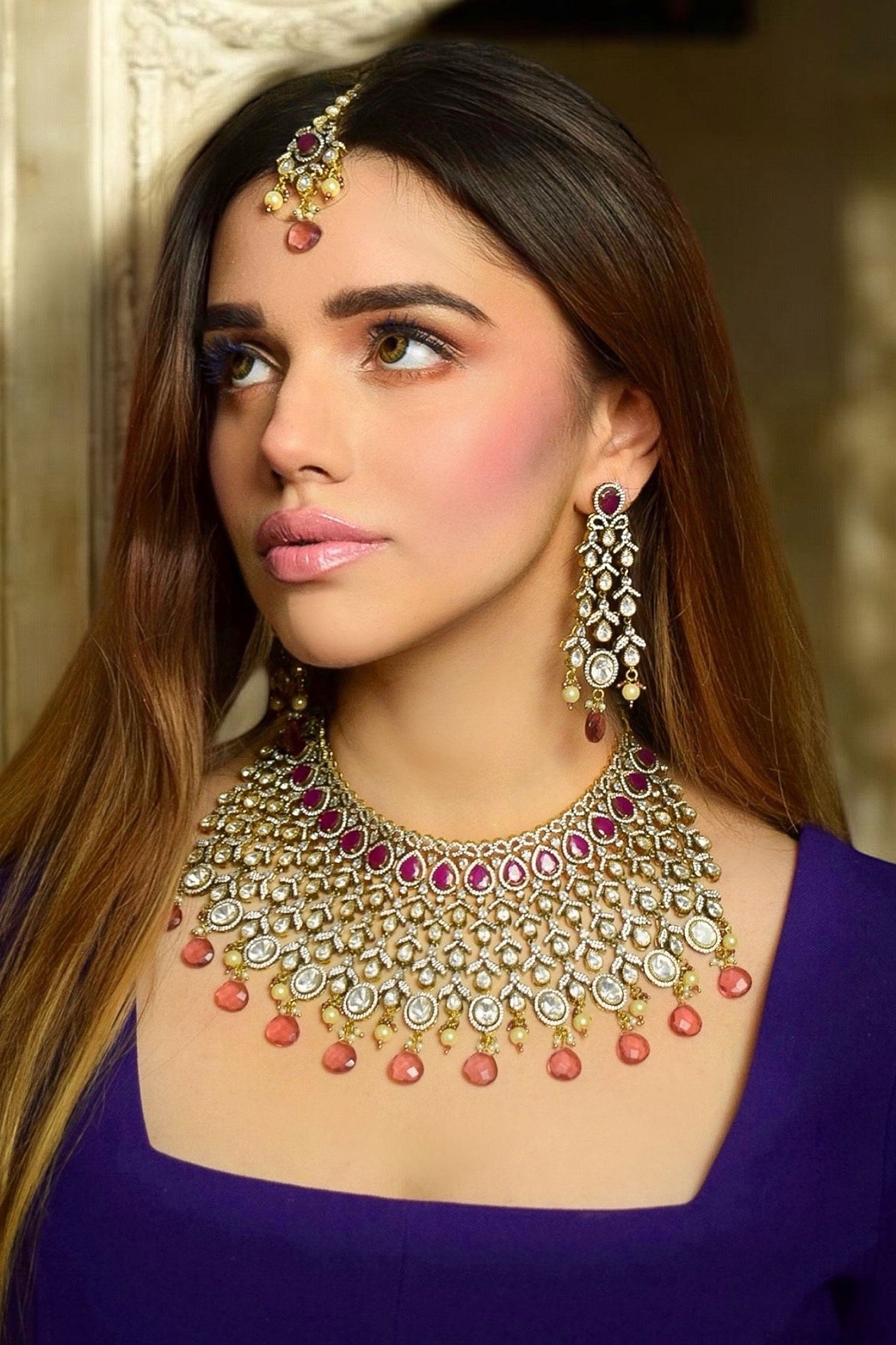 Gold Finish Ruby Doublet Necklace Set 