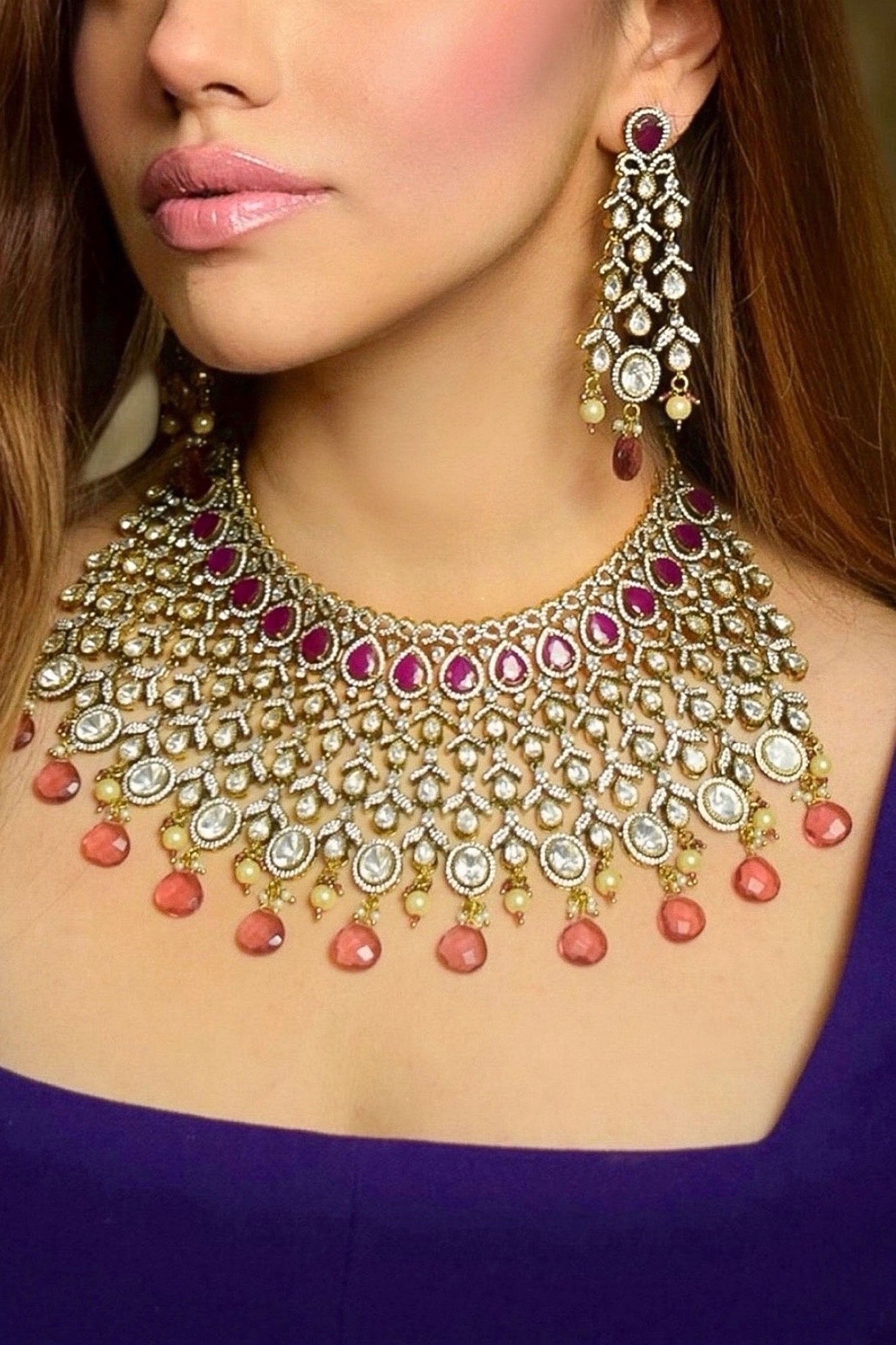 Gold Finish Ruby Doublet Necklace Set 