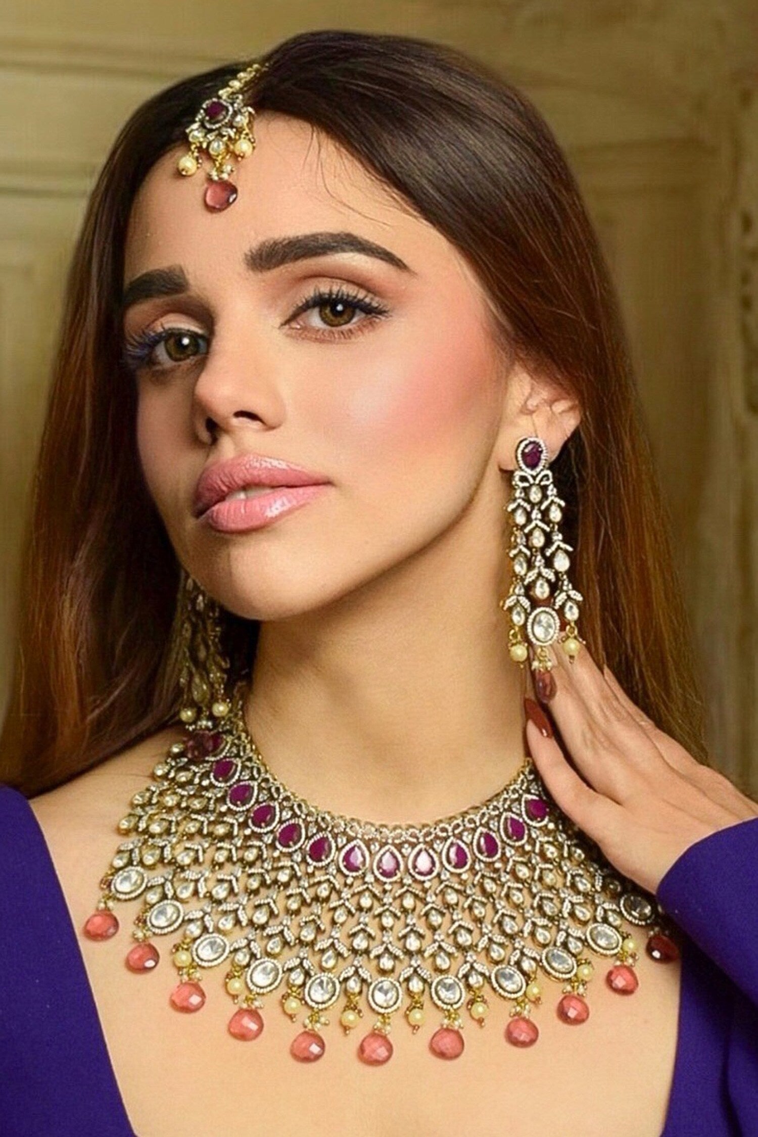Gold Finish Ruby Doublet Necklace Set 