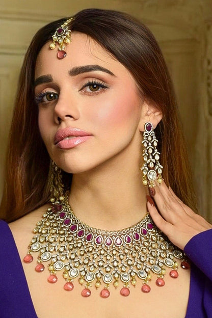 Gold Finish Ruby Doublet Necklace Set 