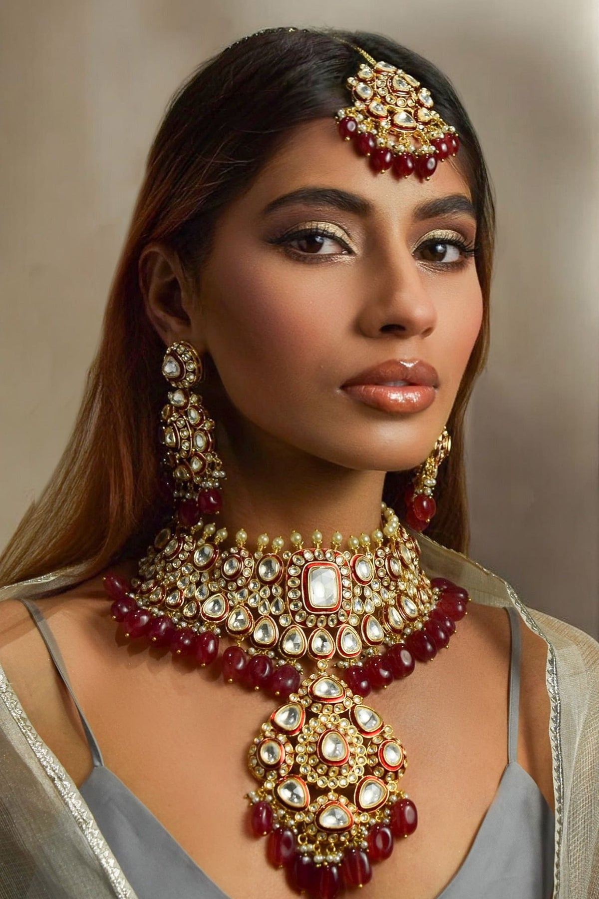 Designer Kundan Ruby Necklace Set 