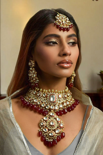 Designer Kundan Ruby Necklace Set 