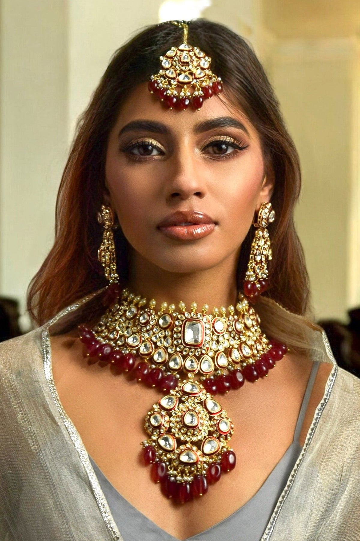 Designer Kundan Ruby Necklace Set 