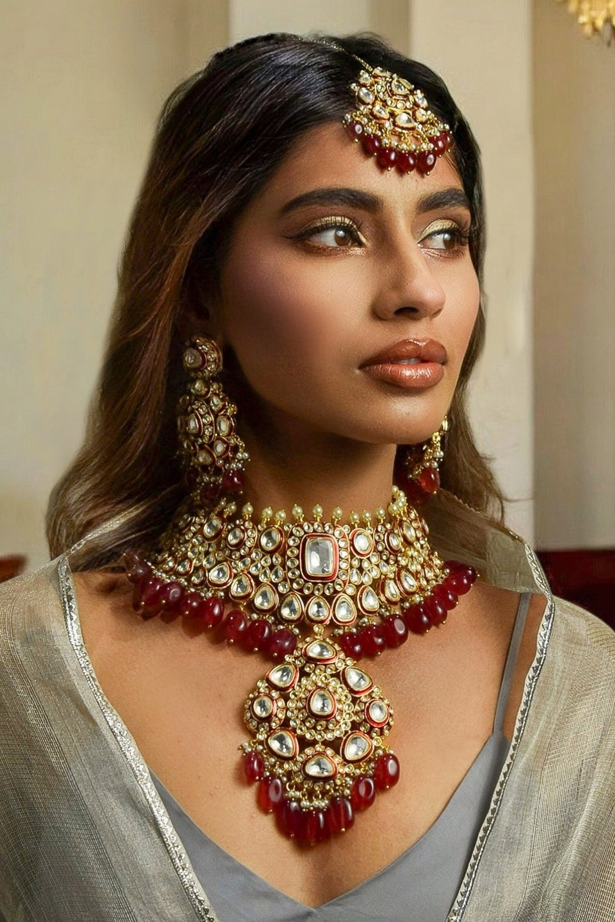 Designer Kundan Ruby Necklace Set 