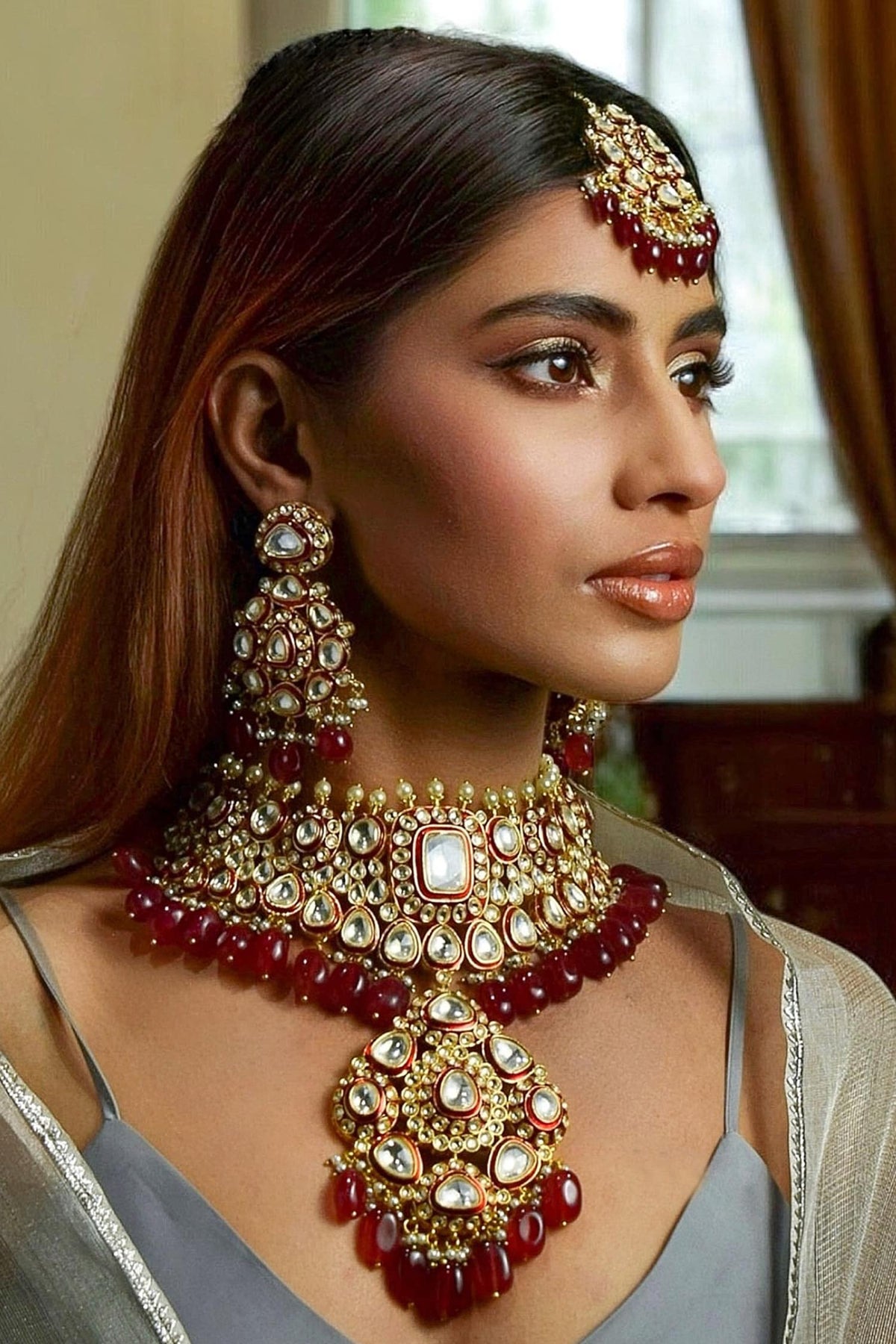 Designer Kundan Ruby Necklace Set 