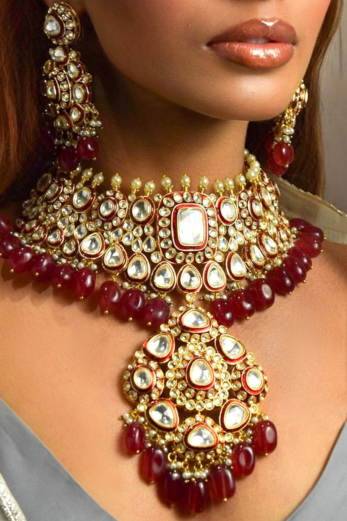 Designer Kundan Ruby Necklace Set 