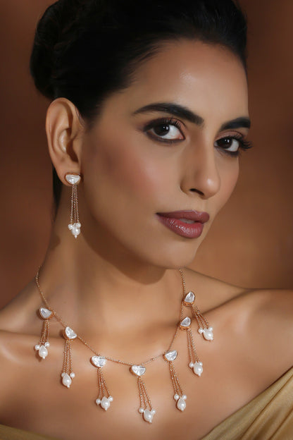 Tasseled Pearl & Polki Necklace Set 
