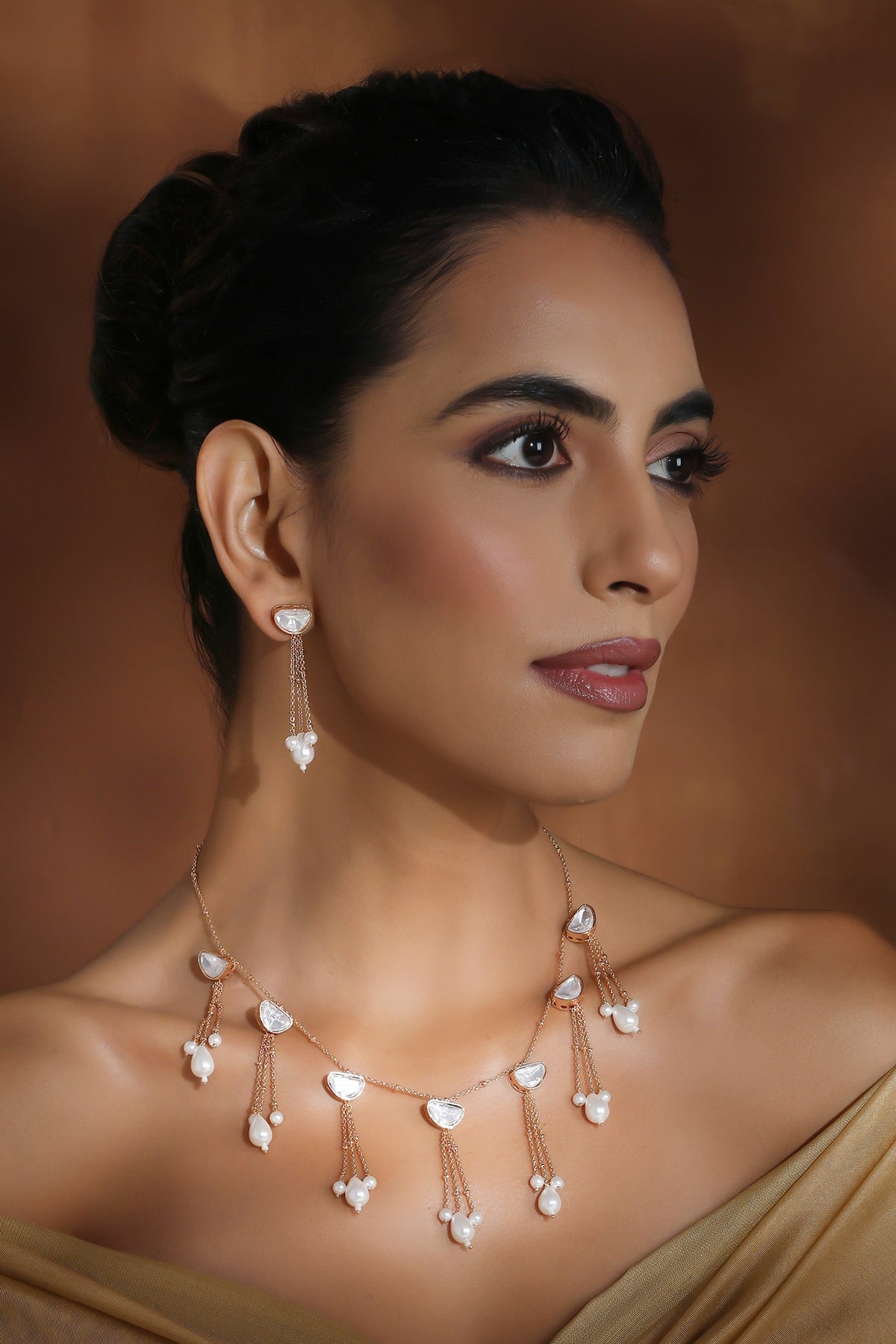Tasseled Pearl & Polki Necklace Set 