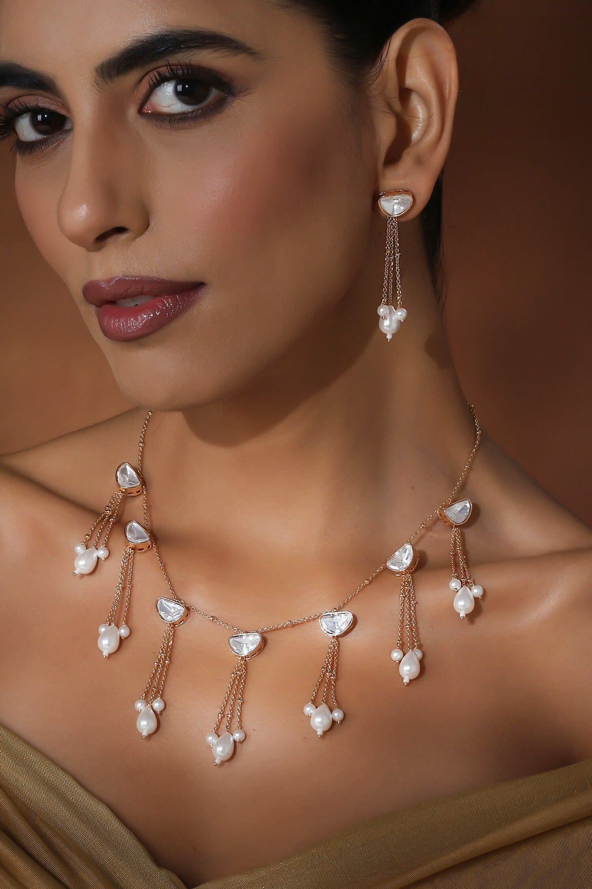 Tasseled Pearl & Polki Necklace Set 