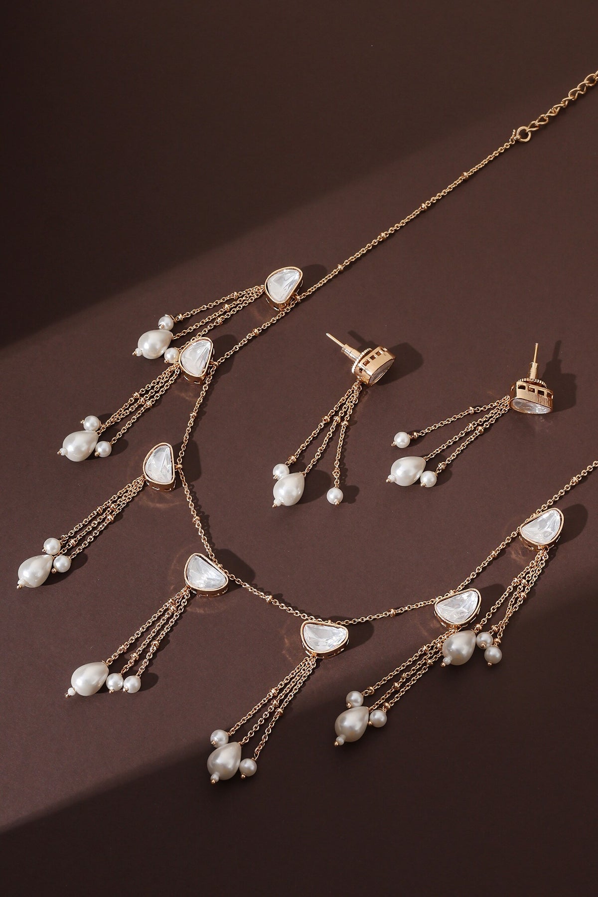 Tasseled Pearl & Polki Necklace Set 