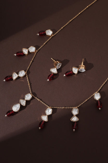 Polki Embellished Red Stone Necklace Set 