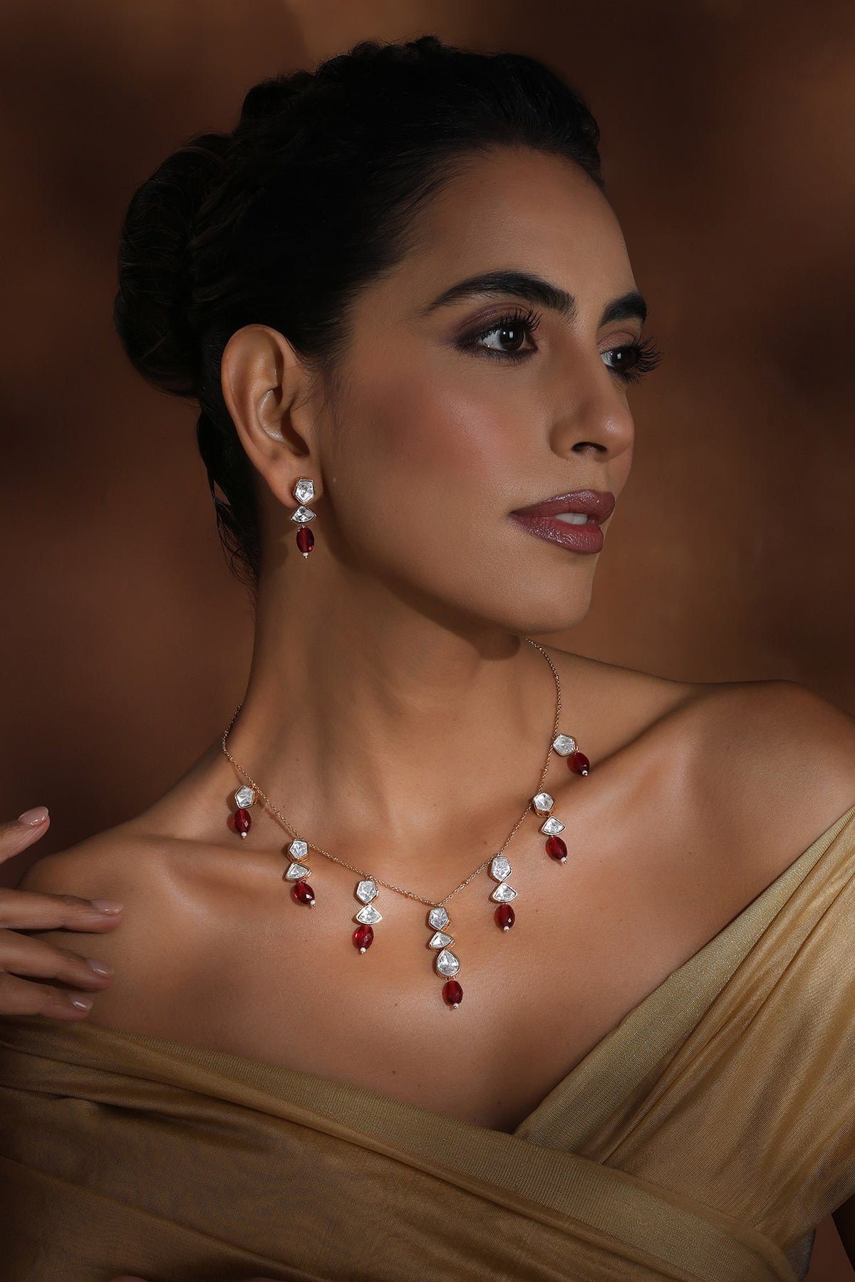 Polki Embellished Red Stone Necklace Set 