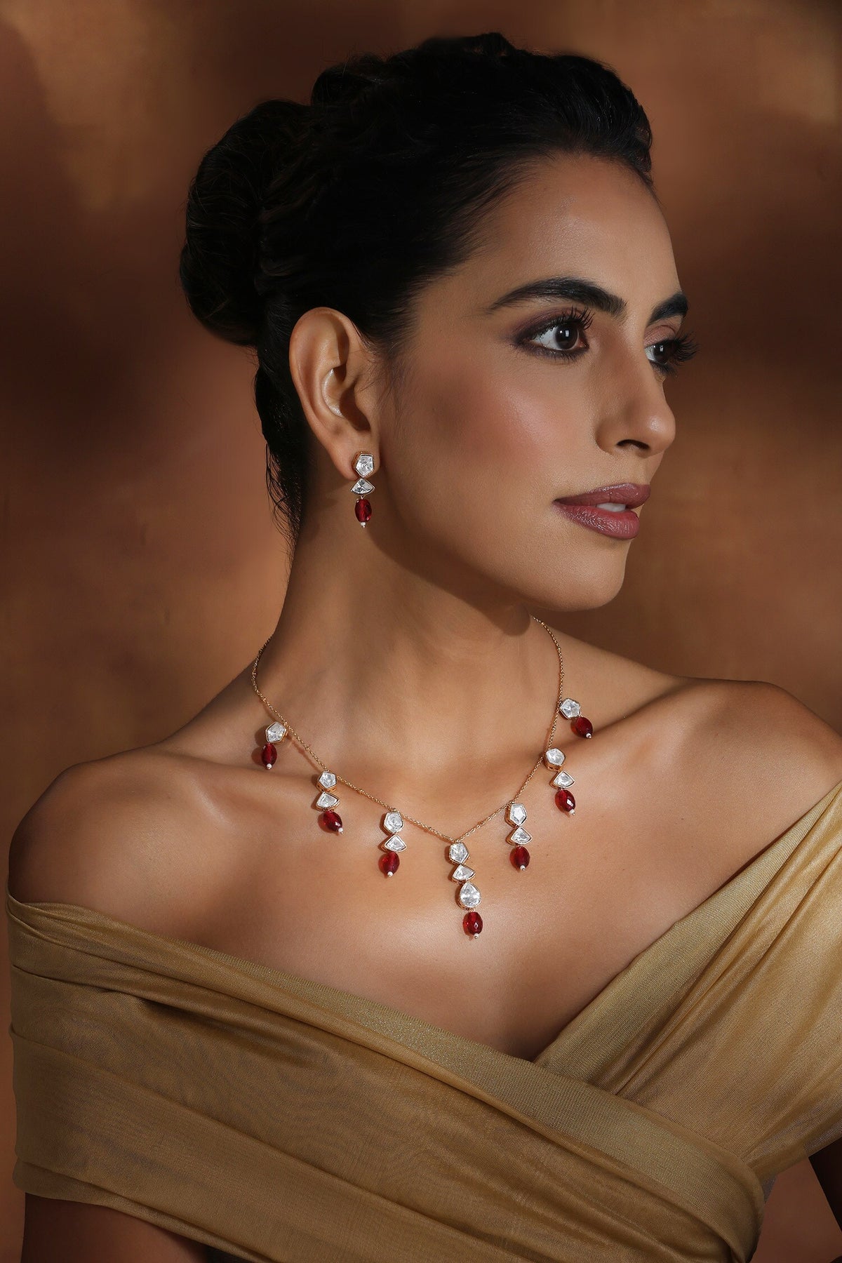 Polki Embellished Red Stone Necklace Set 