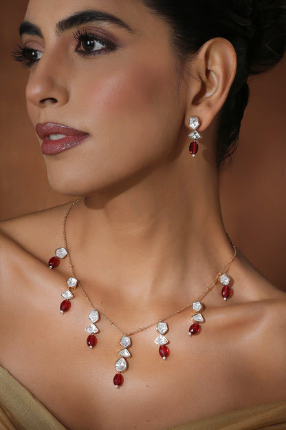 Polki Embellished Red Stone Necklace Set 