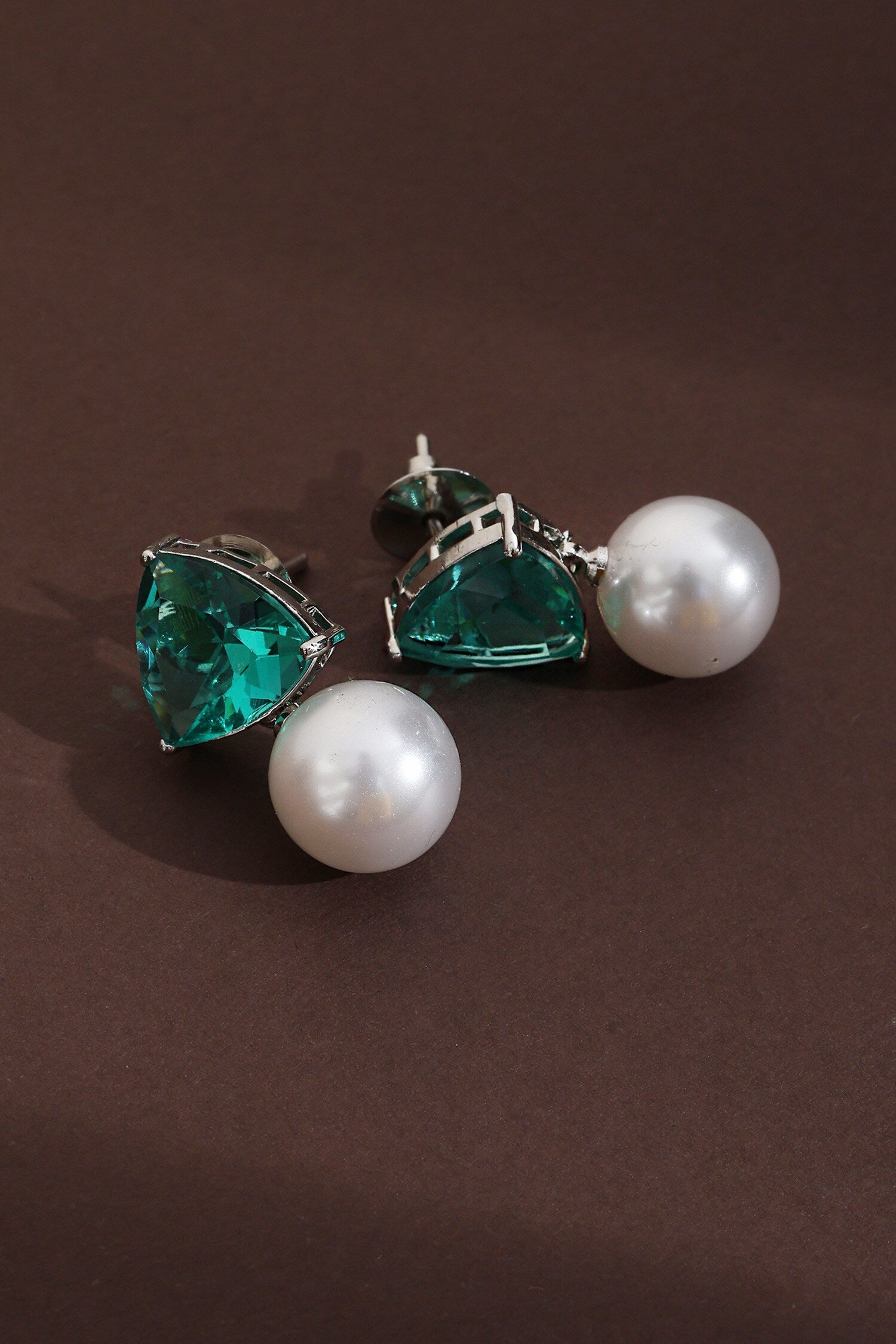 Triangular Green CZ & Pearl Drop Earrings 