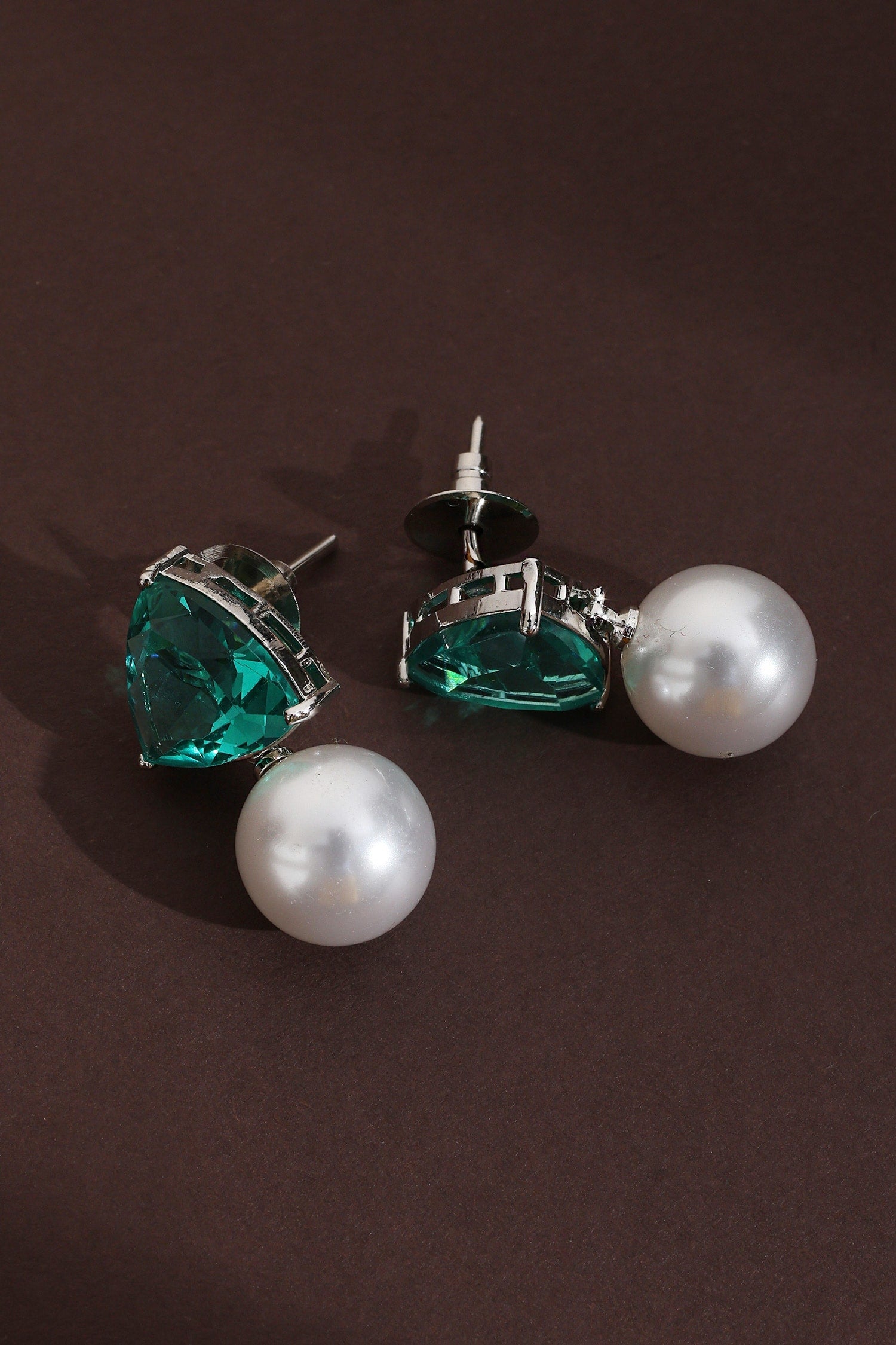 Triangular Green CZ & Pearl Drop Earrings 