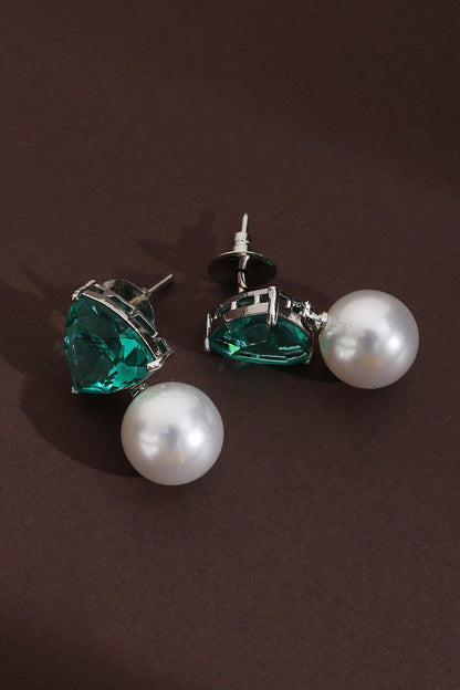 Triangular Green CZ & Pearl Drop Earrings 