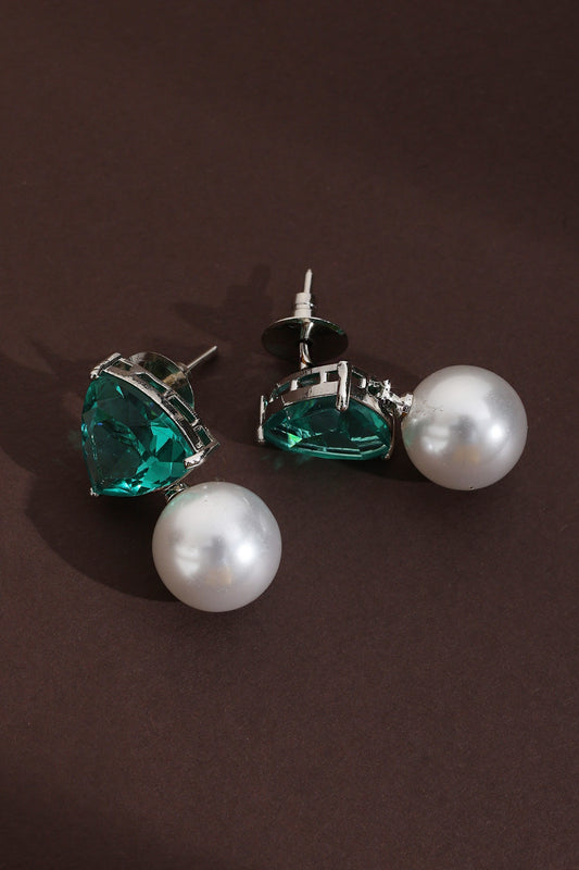 Triangular Green CZ & Pearl Drop Earrings 