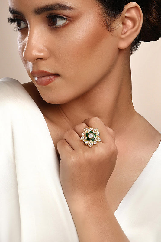 Moissanite Polki Green Stone Ring 