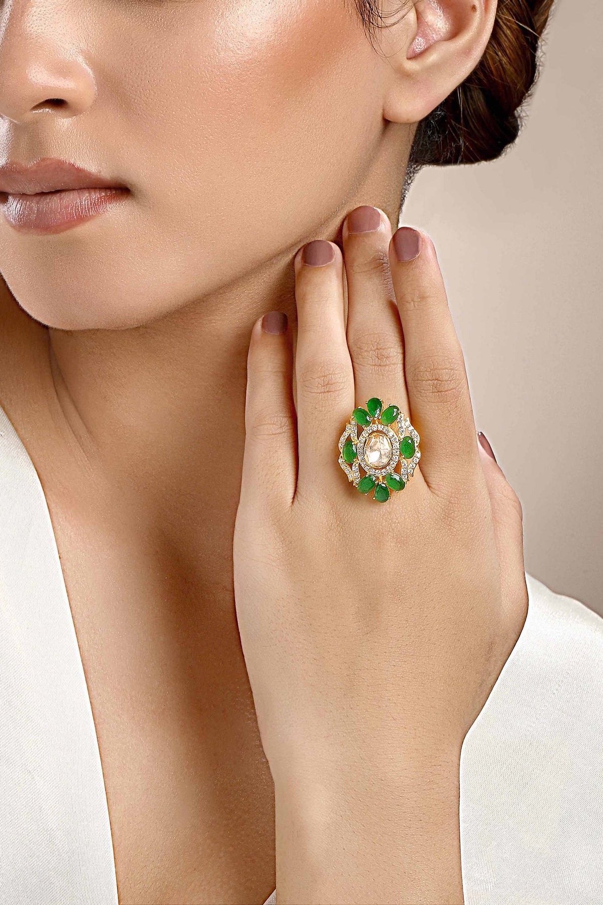 Green Stone Moissanite Polki Ring 