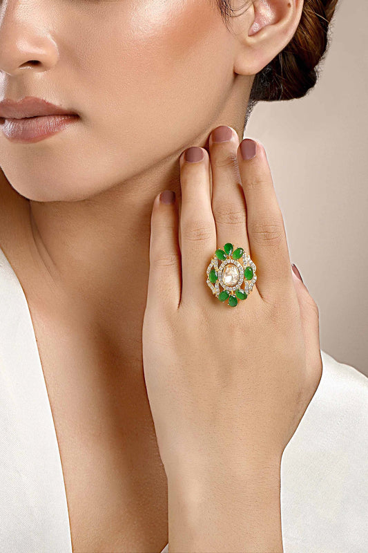 Green Stone Moissanite Polki Ring 