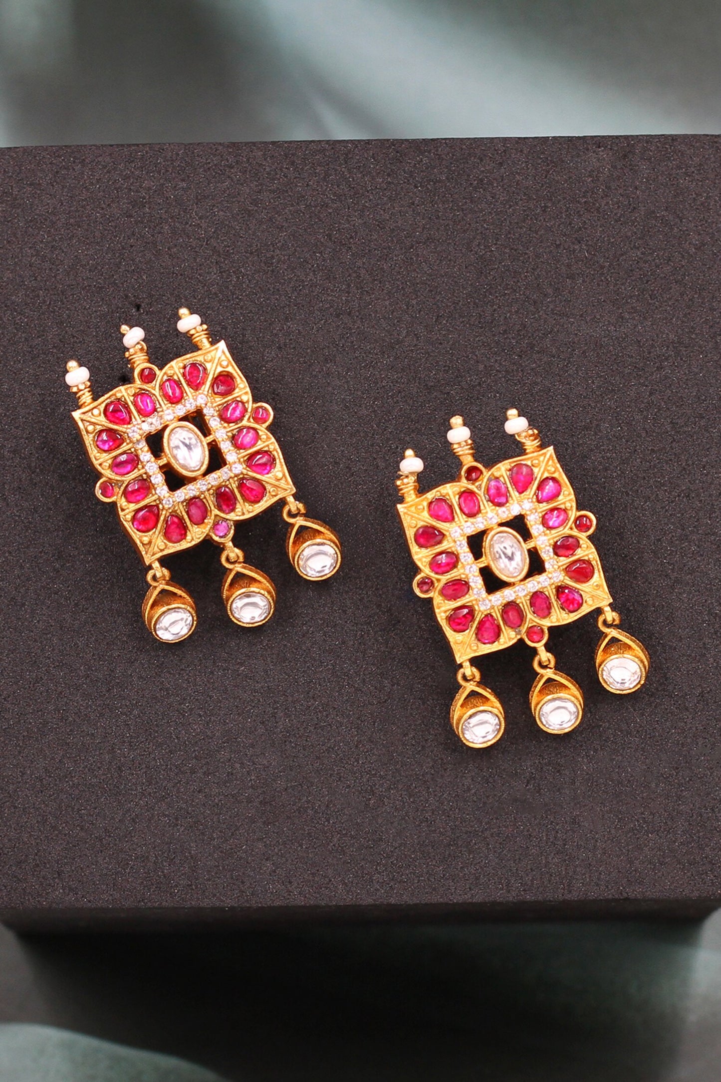 Kundan Drop Earrings with Pink Stones 