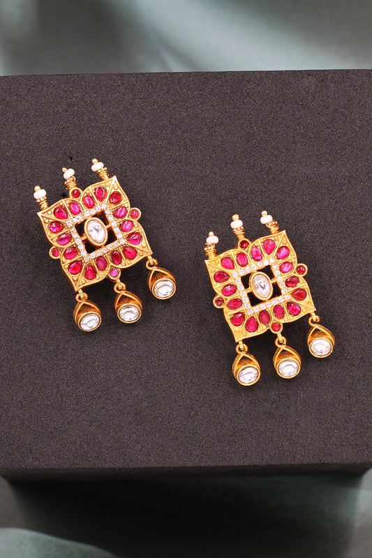 Kundan Drop Earrings with Pink Stones 
