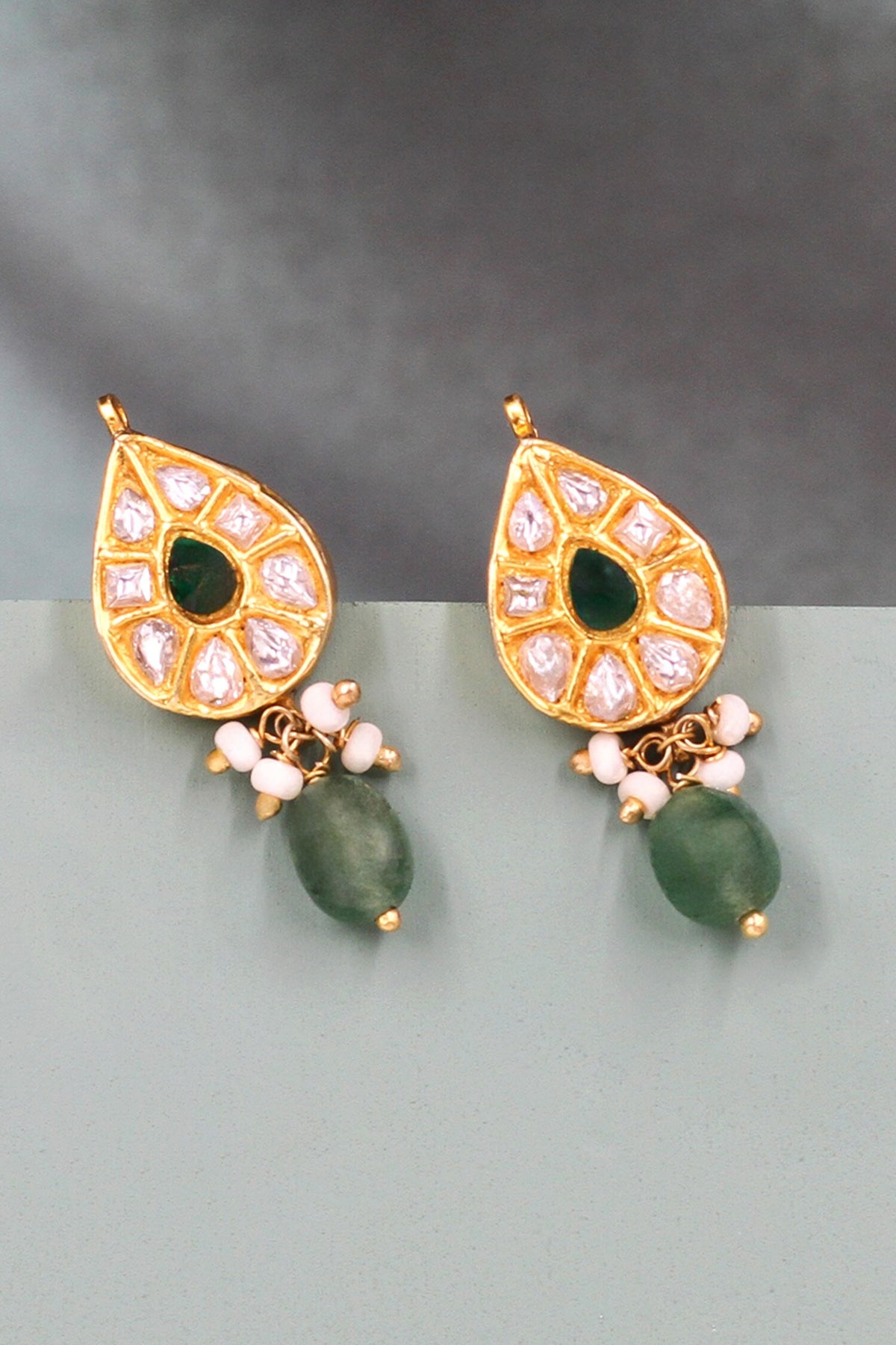 Kundan Green Stone Drop Earrings 
