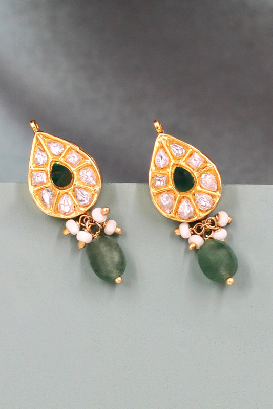 Kundan Green Stone Drop Earrings 
