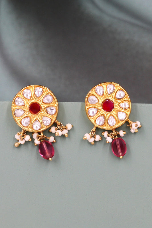 Kundan Pink Stone Drop Earrings 