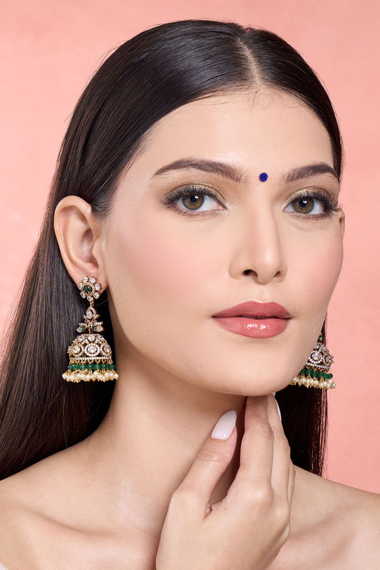 Gold Plated Jhumkas with Moissanite & Emerald 