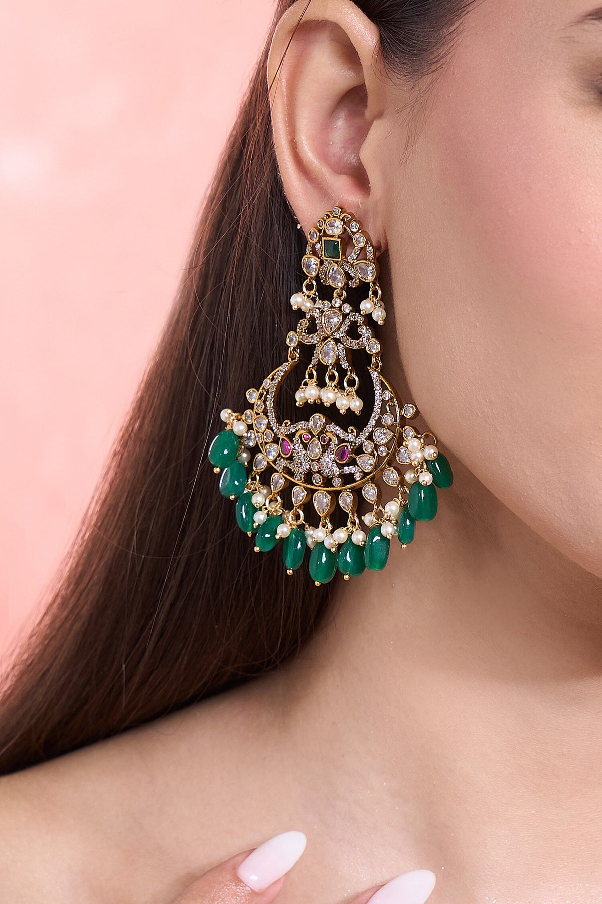 Green Peacock Motif Dangler Earrings 
