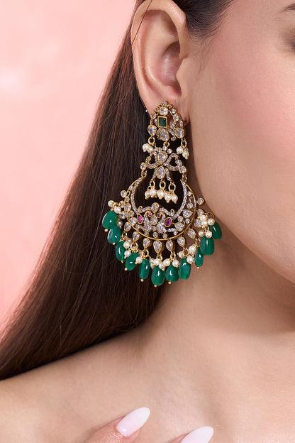 Green Peacock Motif Dangler Earrings 