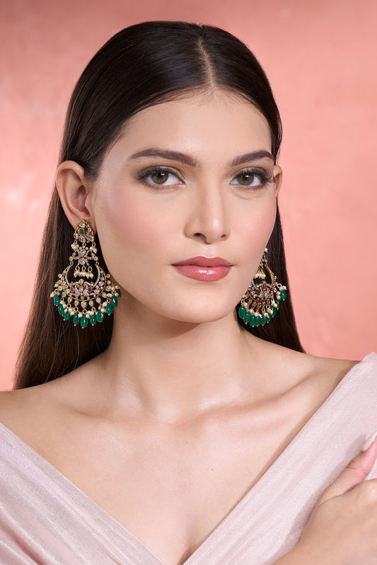 Green Peacock Motif Dangler Earrings 