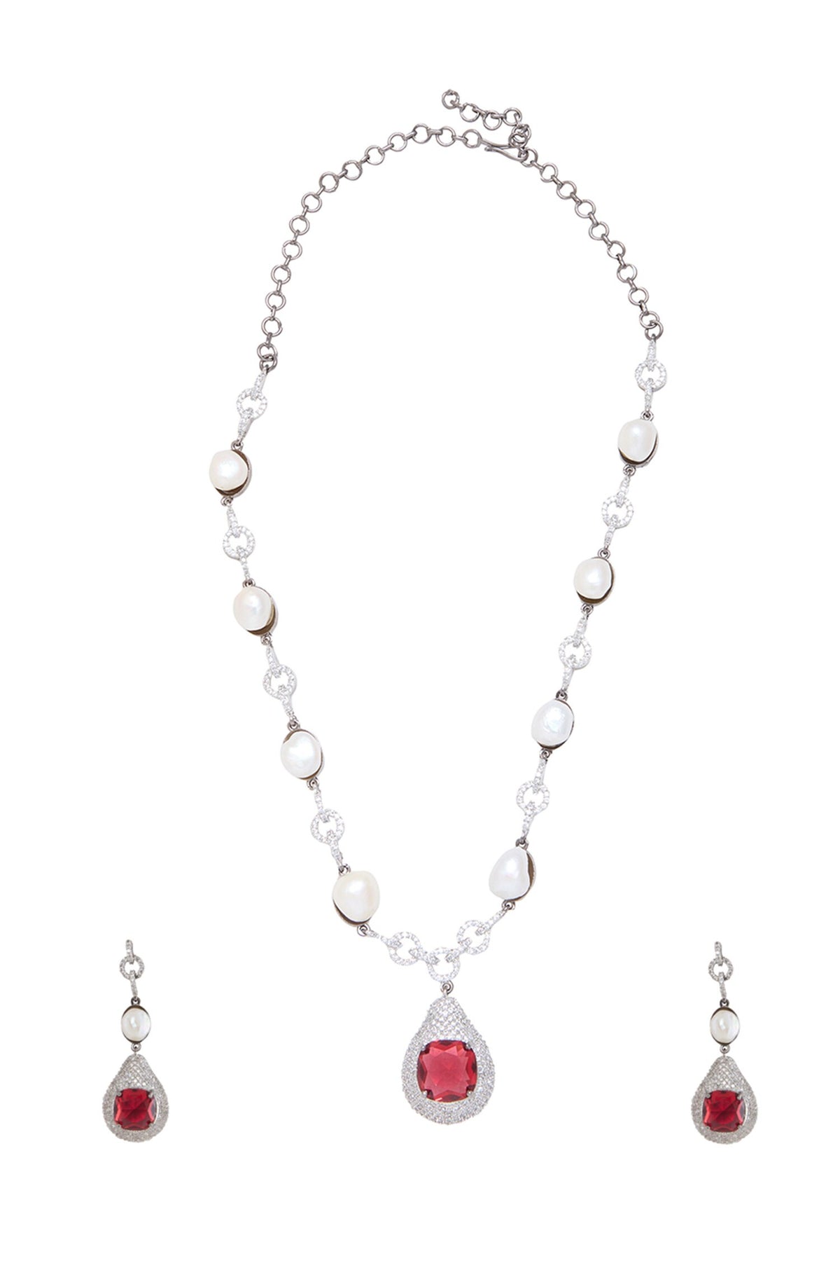 Ruby Stone Pearl Necklace Set 