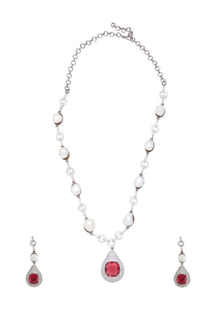 Ruby Stone Pearl Necklace Set 