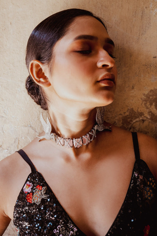 Rhodium Plated Rose Quartz Choker 