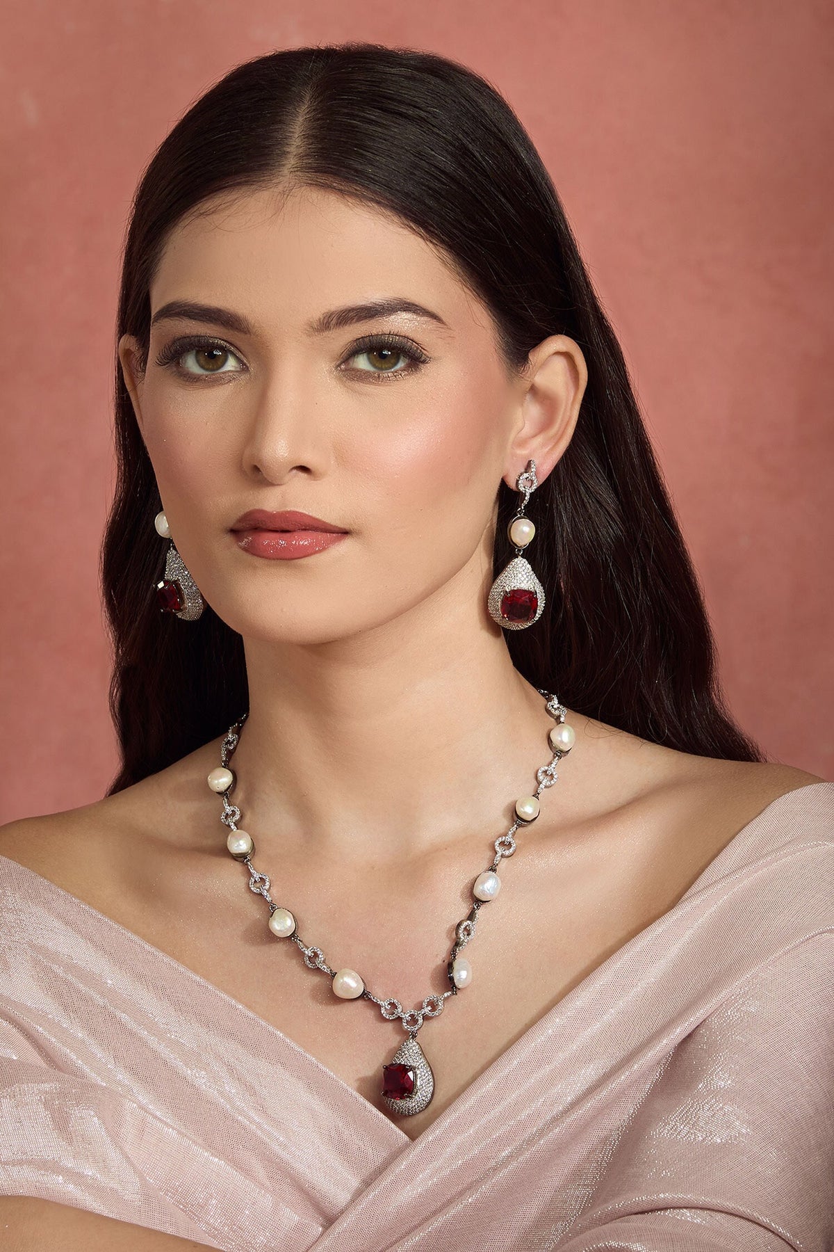 Ruby Stone Pearl Necklace Set 