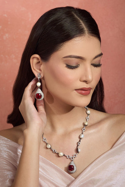 Ruby Stone Pearl Necklace Set 