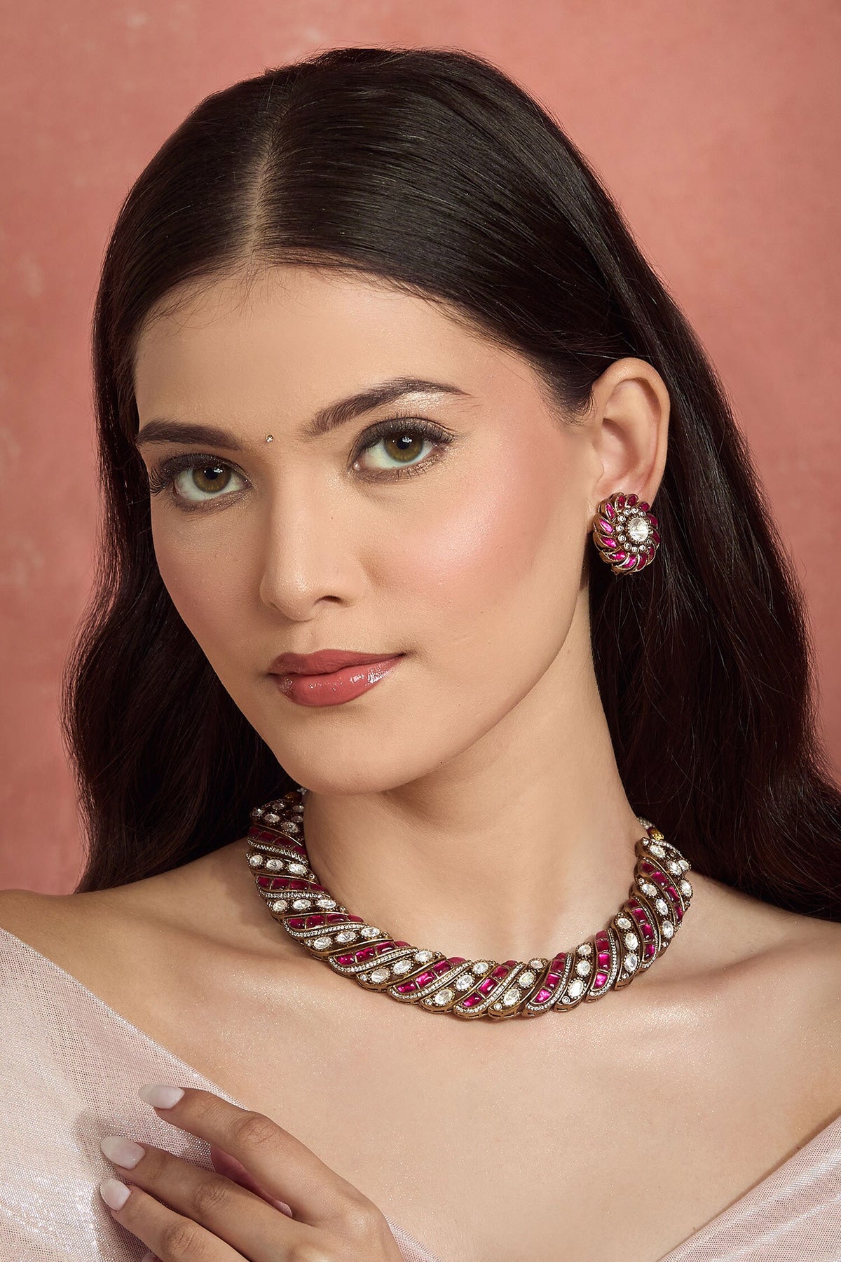 Gold Plated Ruby Choker & Earrings Set 