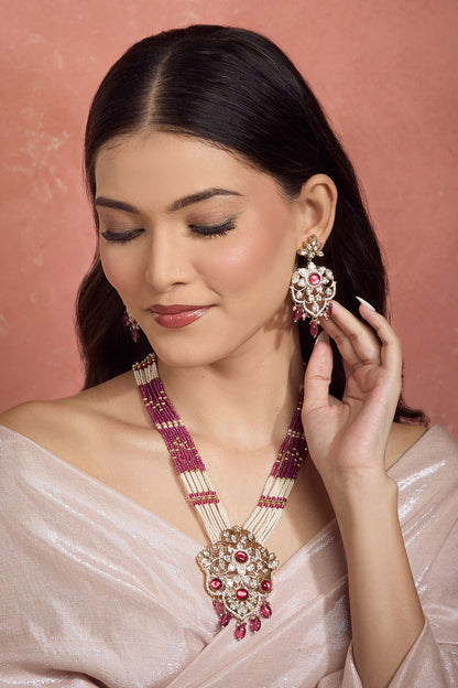 Gold Plated Pearl & Ruby Necklace Set 