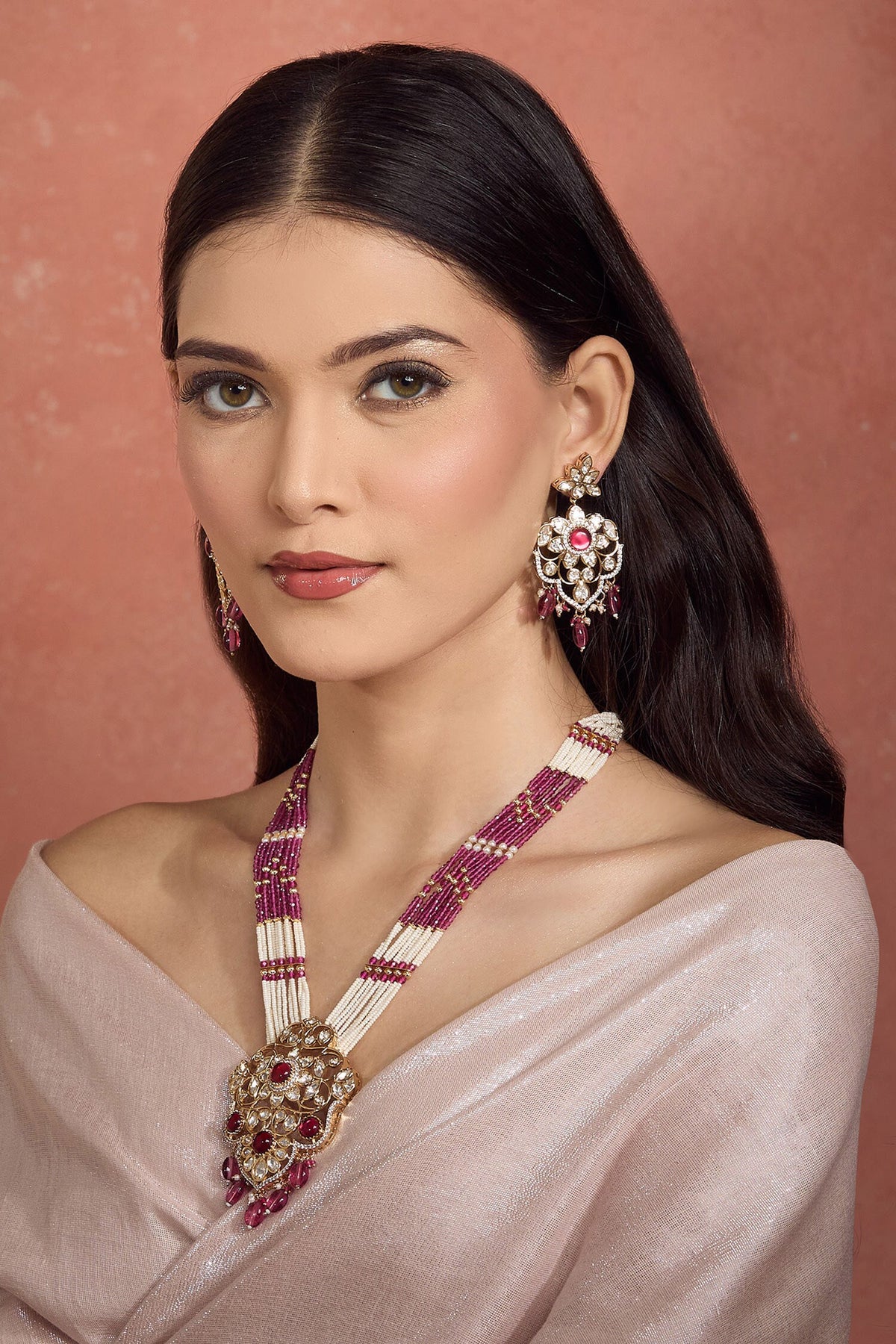 Gold Plated Pearl & Ruby Necklace Set 