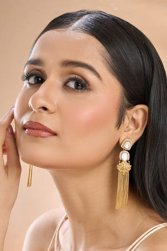 Gold Polki Stone Tassel Chain Earrings 