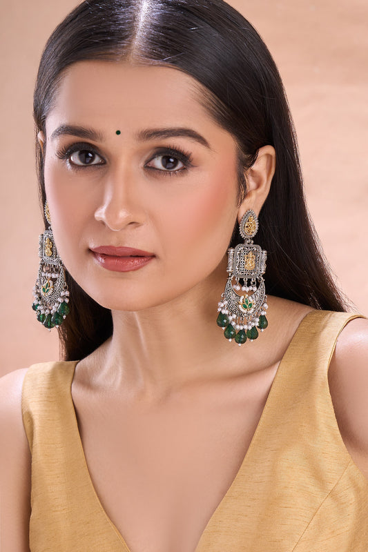Dual Tone Carved Chandbali Dangler Earrings 